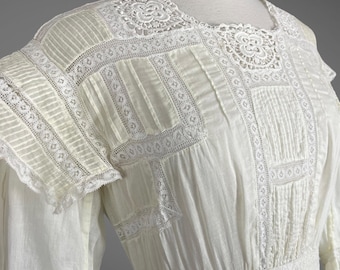 1910s Lingerie Dress, Edwardian Dress, Antique Pale Yellow Cotton Mixed Lace Dress, Medium