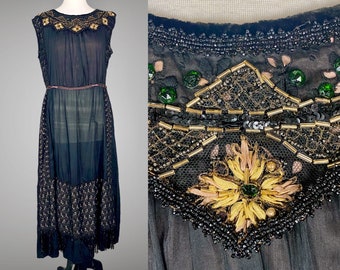 Antique 1910s 1920s Beaded Silk Floss Embroidered Eyelet Dress with Metallic Gold Bullion Trim, Medium