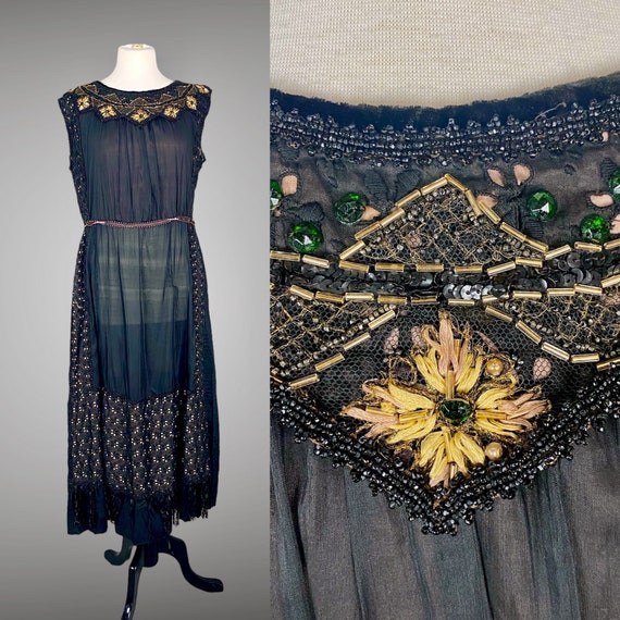 Antique 1910s 1920s Beaded Silk Floss Embroidered Eyelet Dress with Metallic Gold Bullion Trim, Medium