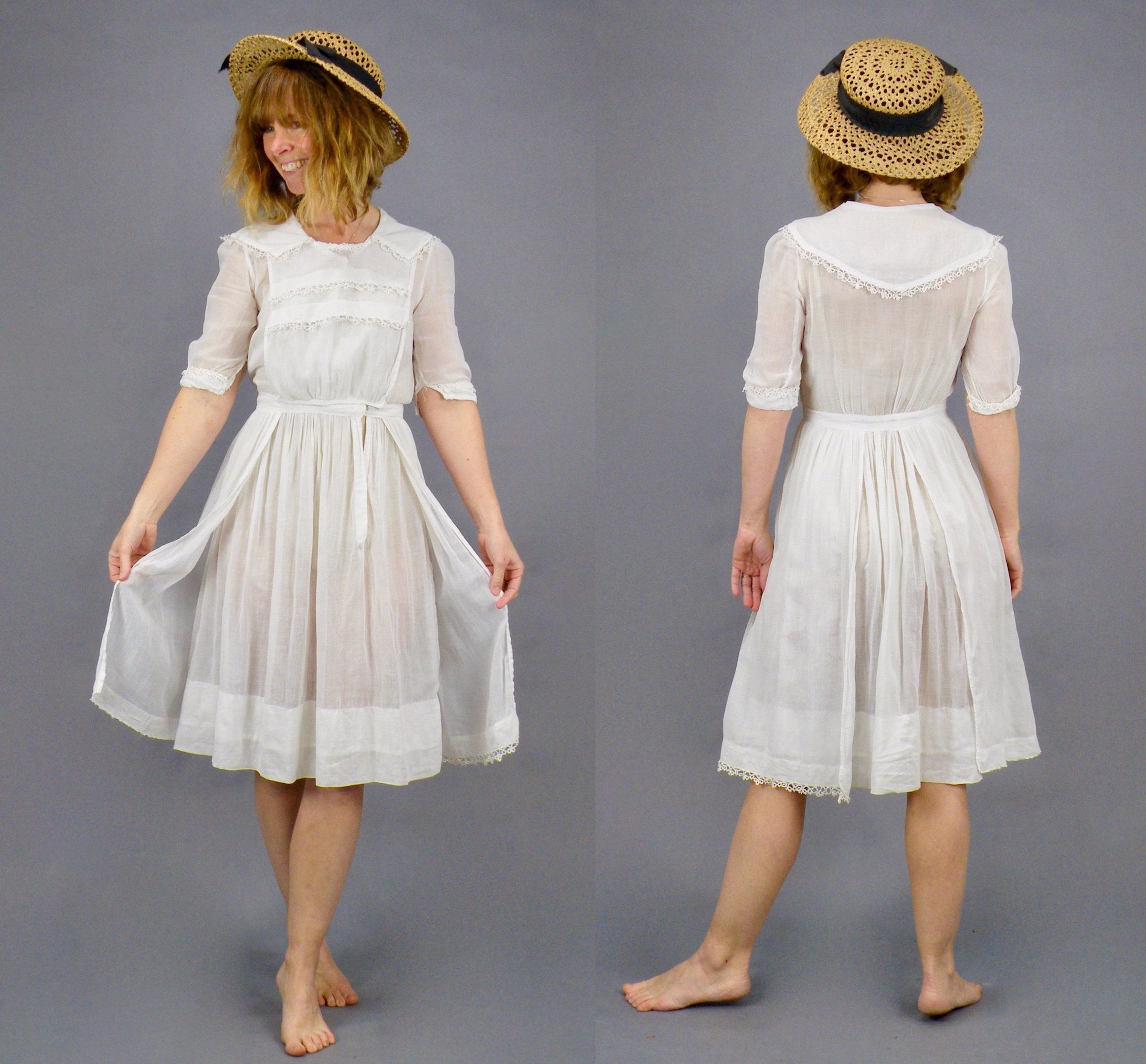Antique 1910s Edwardian White Cotton Tatted Lace Day Dress
