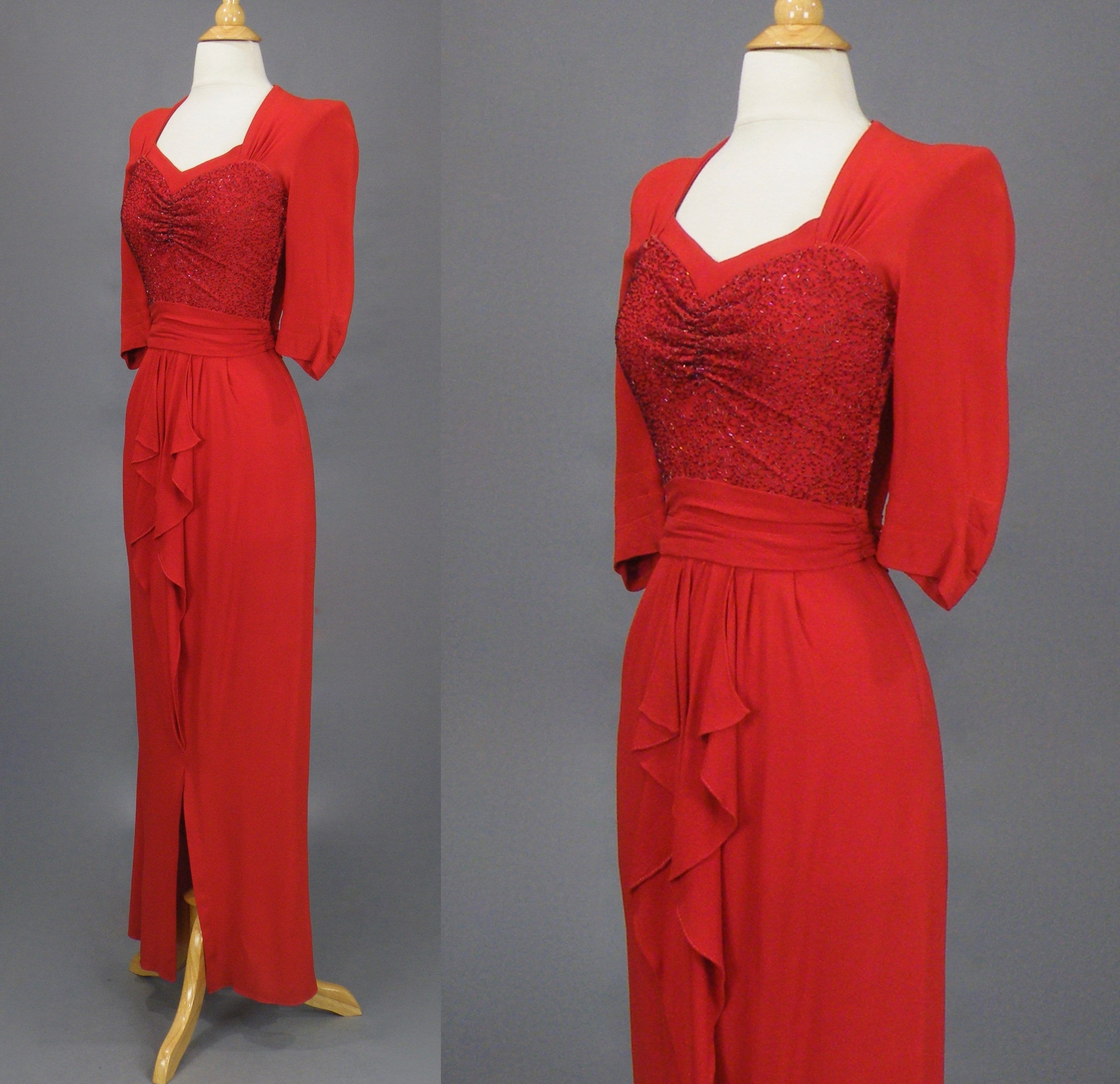 Vintage 1930s 1940s Beaded Red Crepe Evening Dress, 40s Dress, Old ...