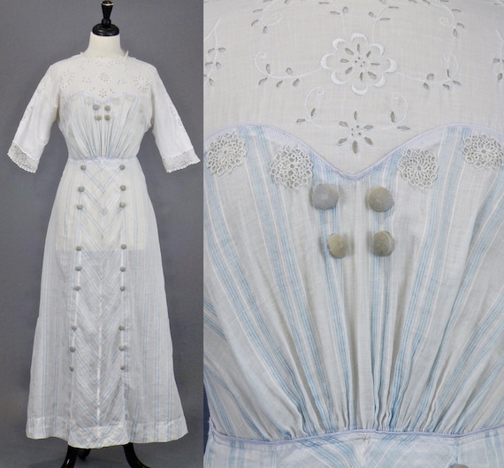 Antique Edwardian Striped White Cotton Eyelet Tea