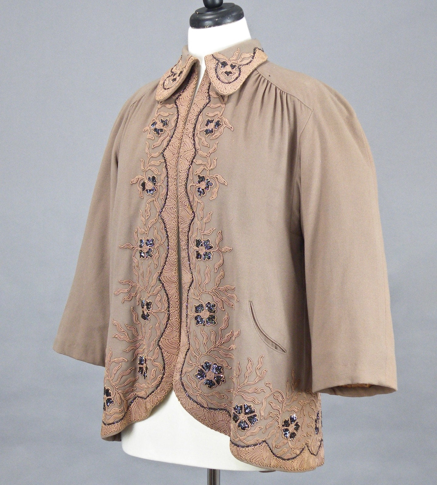 Vintage 1940s Beaded Soutache Wool Swing Jacket, 40s Taupe Swing Coat