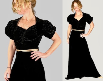Vestido vintage de terciopelo de seda de la década de 1930, vestido de noche de manga abullonada de bronce oscuro de los años 30, glamour del viejo Hollywood, pequeño