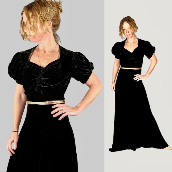 Vintage 1930s Silk Velvet Dress, 30s Dark Bronze Puffed Sleeve Evening Gown, Old Hollywood Glamour, Small