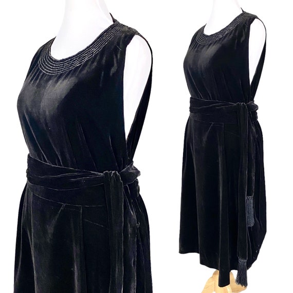 1920s Beaded Velvet Dress, Vintage 20s Dress, Black Velvet Gatsby Dress, L - XL