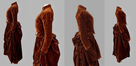1880s Victorian Sienna Brown Velvet Bustle Dress,… - image 3