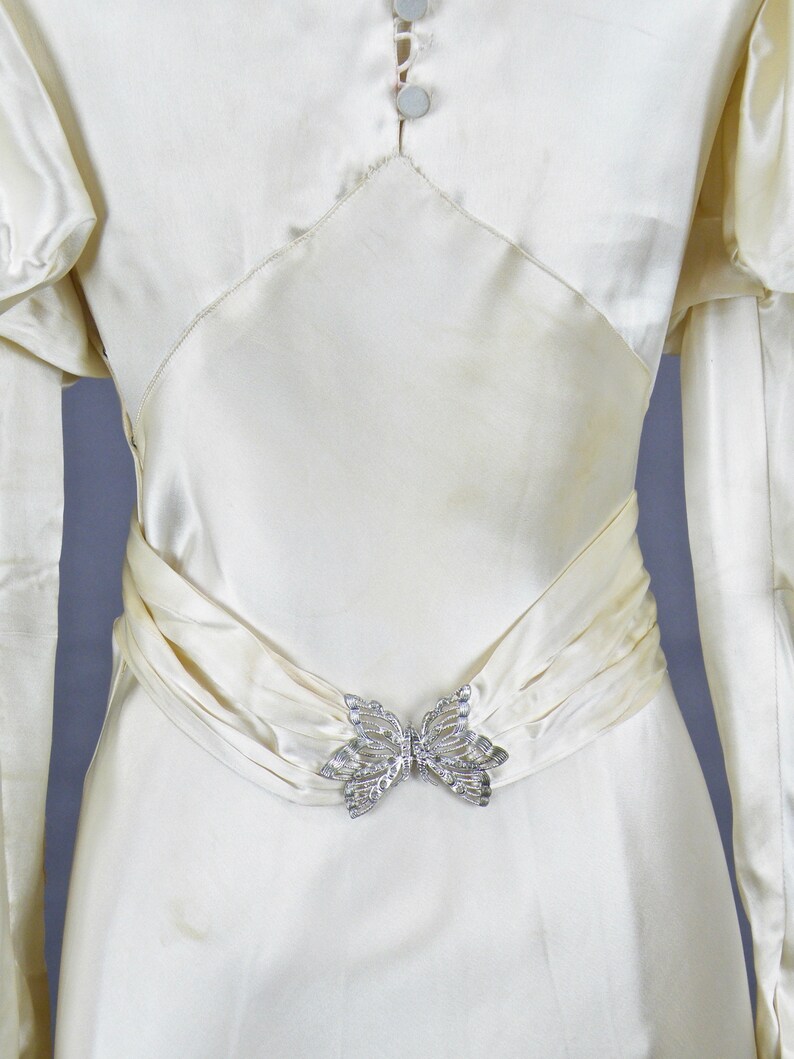30s Bias Cut Wedding Gown Vintage 1930s Wedding Dress Ivory Satin Art Deco Bridal Dress with Butterfly Clasp Belt
