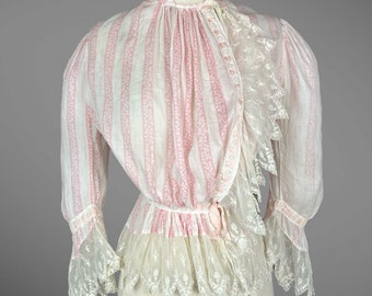 1900s Edwardian Blouse, Antique Pink Floral Print Striped Cotton Lace Gibson Girl Blouse, Small