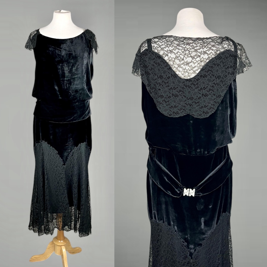 1930s Silk Velvet Lace Dress With Deco Clasp Belt, Black 30s Evening ...