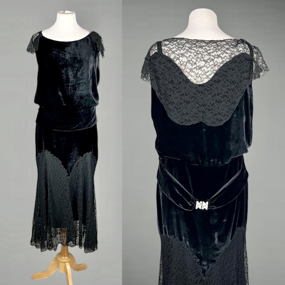1930s Silk Velvet Lace Dress with Deco Clasp Belt, Black 30s Evening Dress, Medium