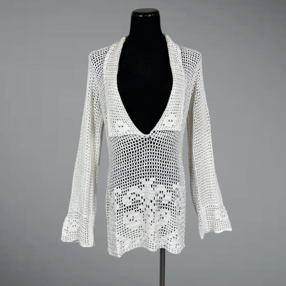 Rare 1920s Hand Crochet Tunic Sweater | Deep-V Openwork Filet Lace Pattern | Wool Rayon Blend | Antique Ivory Crochet Bohemian Top M - L