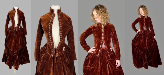 1880s Victorian Sienna Brown Velvet Bustle Dress,… - image 7