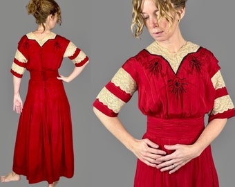 Edwardian 1910s Red Silk Lace Dress, Antique 19Teens Dress, XS