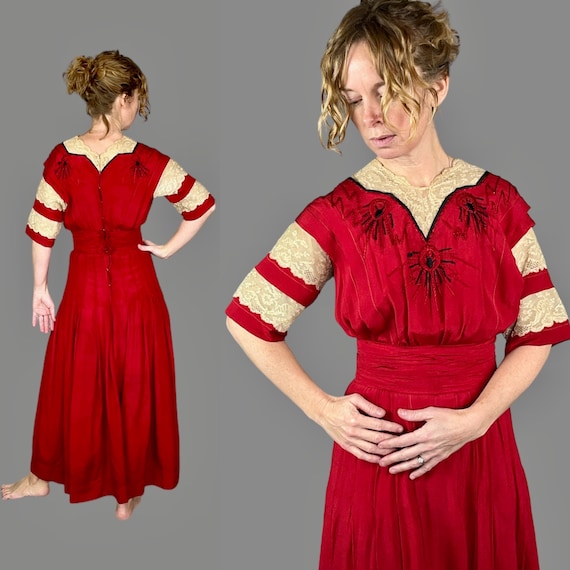 Edwardian 1910s Red Silk Lace Dress, Antique 19Teens Dress, XS