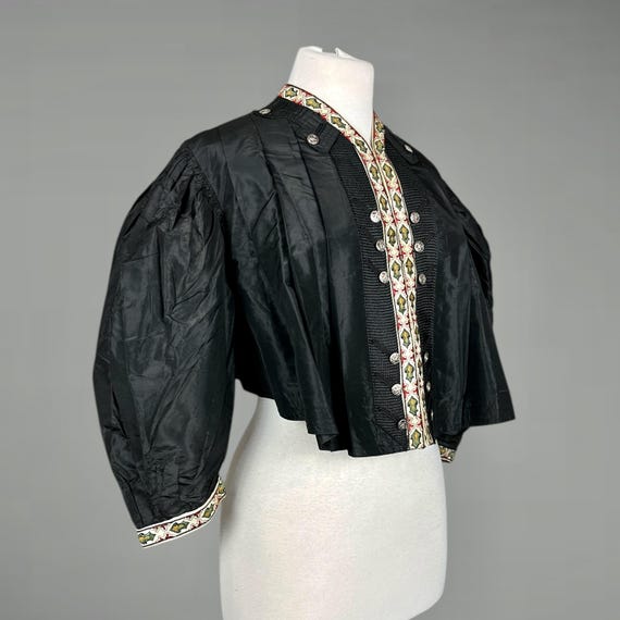 Antique 1900s Black Silk Eton Jacket w/ Embroidered Trim | Edwardian Folk Jacket | Historic Costume M - L