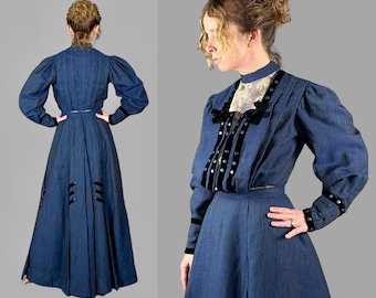Antique 1900s Edwardian Walking Suit, Striped Blue Gibson Girl Dress Set Bodice & Edwardian Skirt, Leg of Mutton Sleeves