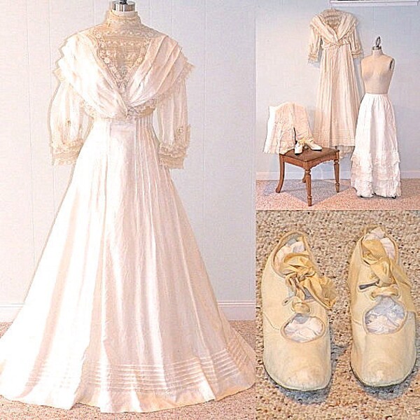 Edwardian Wedding Dress Trousseau, Antique Silk and Lace Wedding Gown, 6 Piece Bridal Set Shoes, Knickers, Petticoats & Bloomers