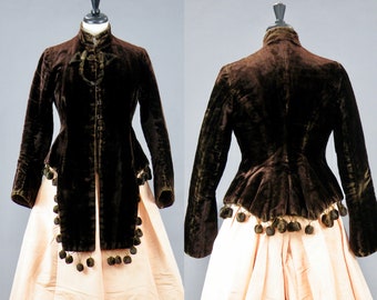 Antique 1880s Brown Velvet Victorian Mantle Jacket with Lappets and Padded Velvet Ball Trim, Small
