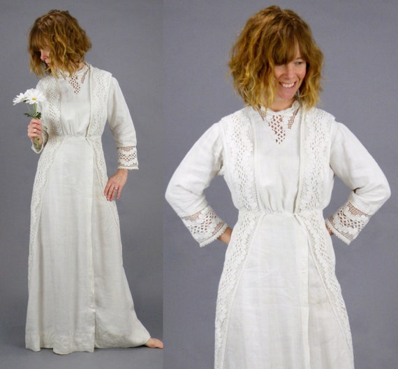 Edwardian White Dress, Antique 1900s White Linen T