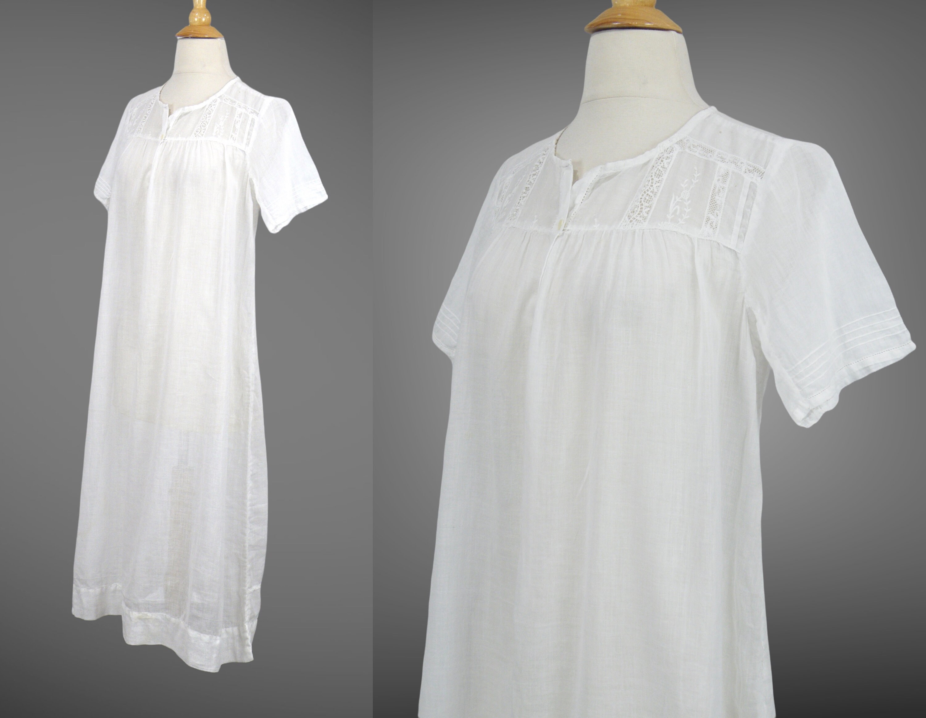 Antique White Nightgown, 1910s Sheer White Cotton Night Dress with