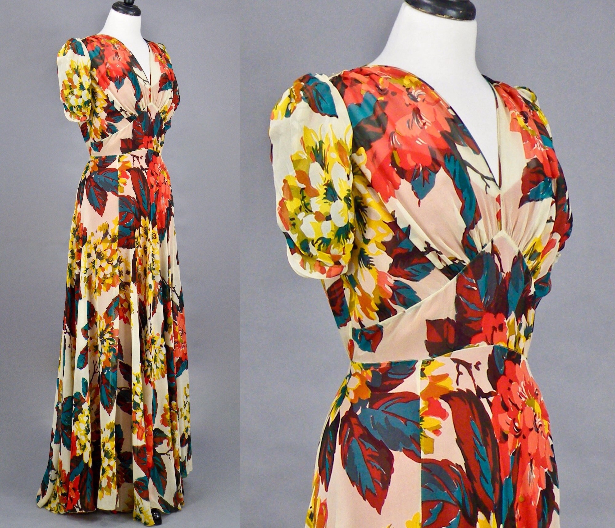 Vintage 1930s Gown, 30s Floral Chiffon Dress, FOGA Garden Party Dress ...