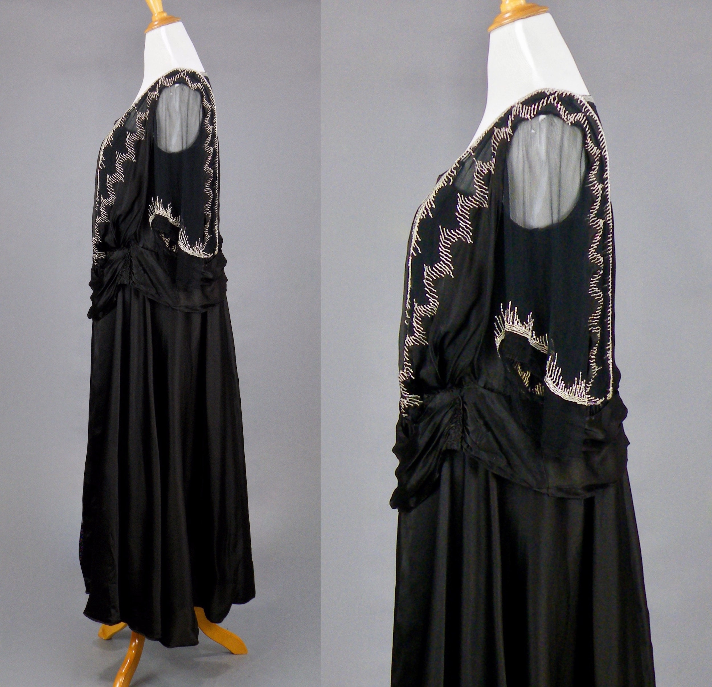 Antique Late 1910s Sheer Beaded Silk Dress, Large - XL