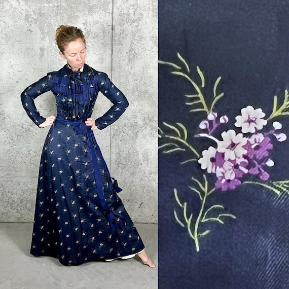 Antique 1890s 1900s Floral Silk Dress Set |Victorian Edwardian Gibson Girl Era Two-Piece Bodice & Skirt | Navy Blue Silk Ribbon Trim Bows XS