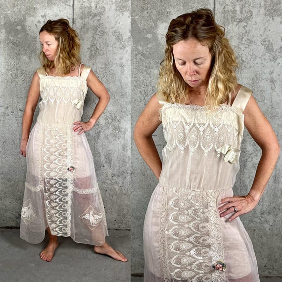 1910s Edwardian Organdy Lace Dress | Pale Blush Antique Bridal Gown | Embroidered Vintage Wedding Dress with Silk Ribbon Roses | Small