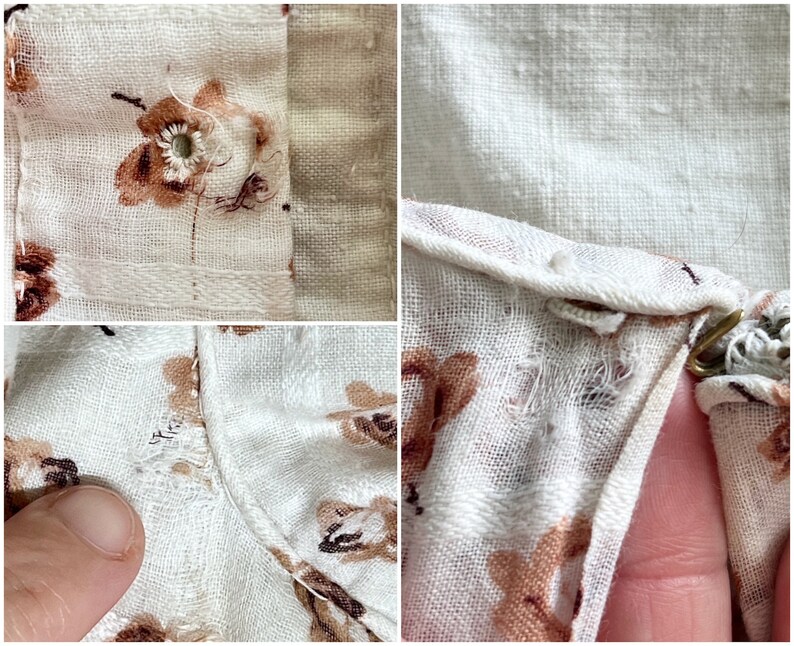 May include: Close-up of a white fabric with a floral pattern. The fabric has a frayed edge and a small hole. The fabric is likely a garment, such as a shirt or dress.