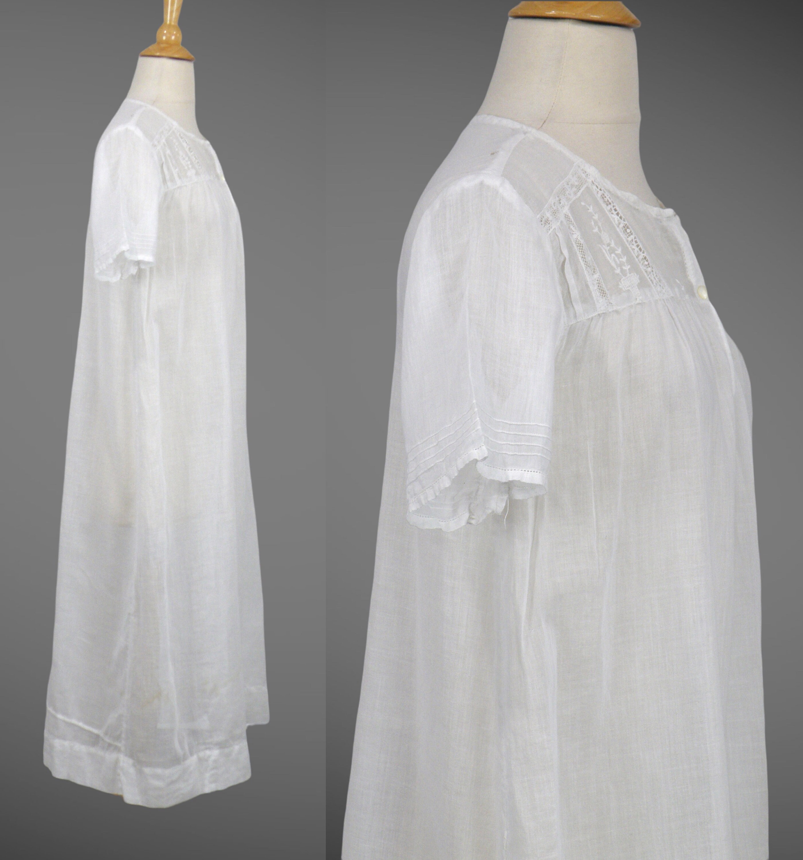Antique White Nightgown, 1910s Sheer White Cotton Night Dress with