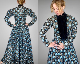 1890s 1900s Victorian Edwardian Blue Floral Print Cotton Dress, Turn of the Century Gigot Sleeve Antique Day Dress, XS - S