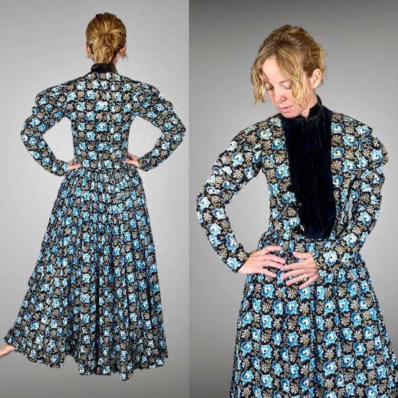 1890s 1900s Victorian Edwardian Blue Floral Print Cotton Dress, Turn of the Century Gigot Sleeve Antique Day Dress, XS - S