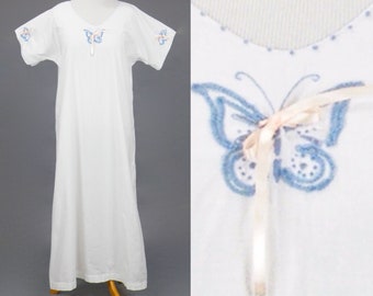 Antique 1910s Butterfly Embroidered NightDress, Edwardian Cotton Nightgown, L - XL #20-93