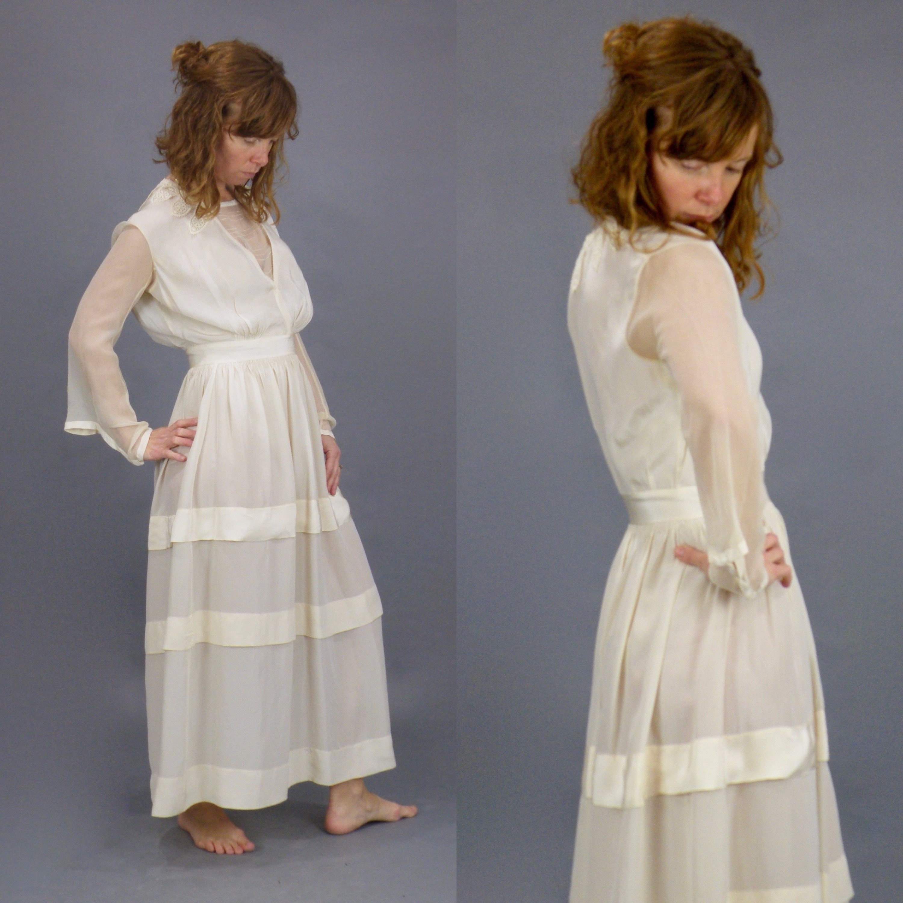 Antique 1910s Lace Trim Cream Silk Edwardian Dress, Small