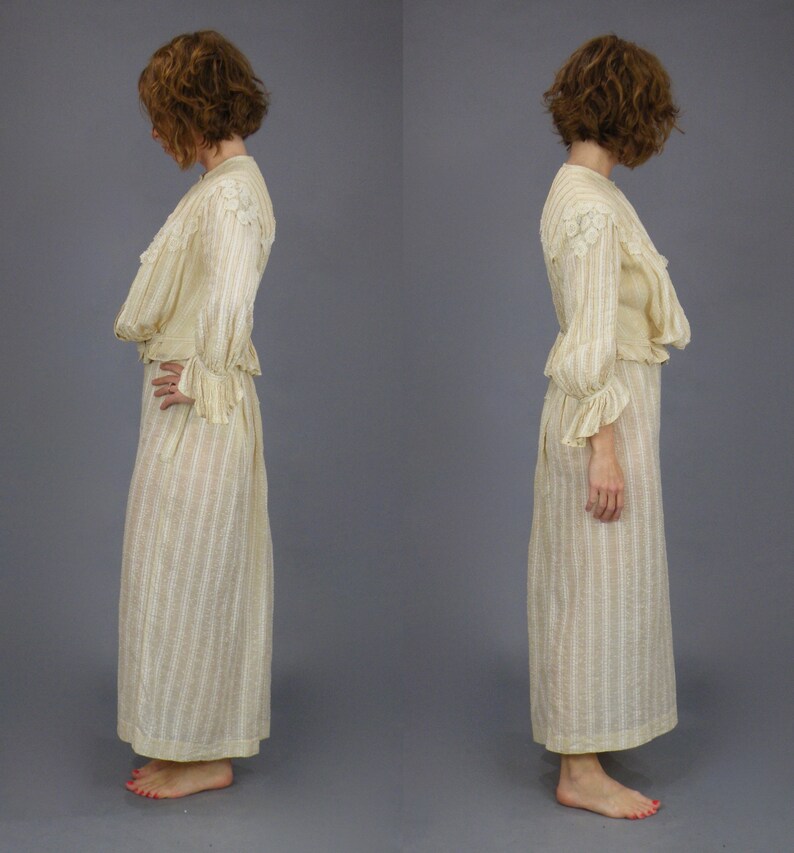 1900s Gibson Girl Dress, Antique Edwardian Lace Appliqué Striped Linen Blouse and Skirt Set, XS S image 5