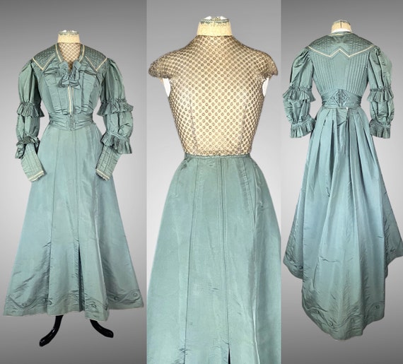 1900s Edwardian Blue Sage Gown, 4pc Antique Trained Skirt, Removable Sleeve Bodice Jacket & Metallic Net Lace Blouse, Historical Dress