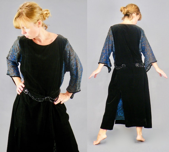 Antique Late 1910s 1920s Velvet Embroidered Flapper Dress with Patterned Asymmetrical Sheer Sleeves, S - M