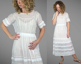 Antique 1910s Sheer White Cotton Day Dress, 19Teens Summer Dress, XS