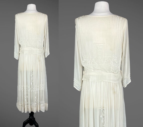 Vintage 1920s Beaded Ivory Chiffon Dress, 20s She… - image 5