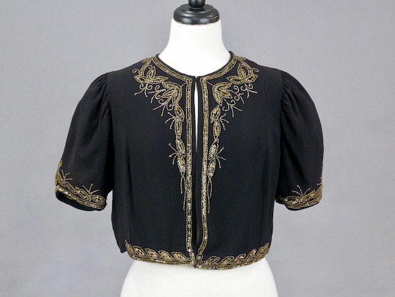 Vintage 1940s Beaded Sequin Crepe Bolero Jacket, 4