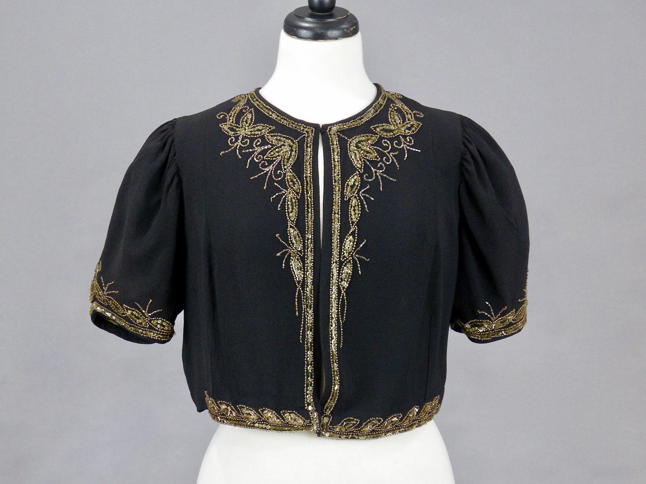 Vintage 1940s Beaded Sequin Crepe Bolero Jacket, 40s Cropped Evening Jacket