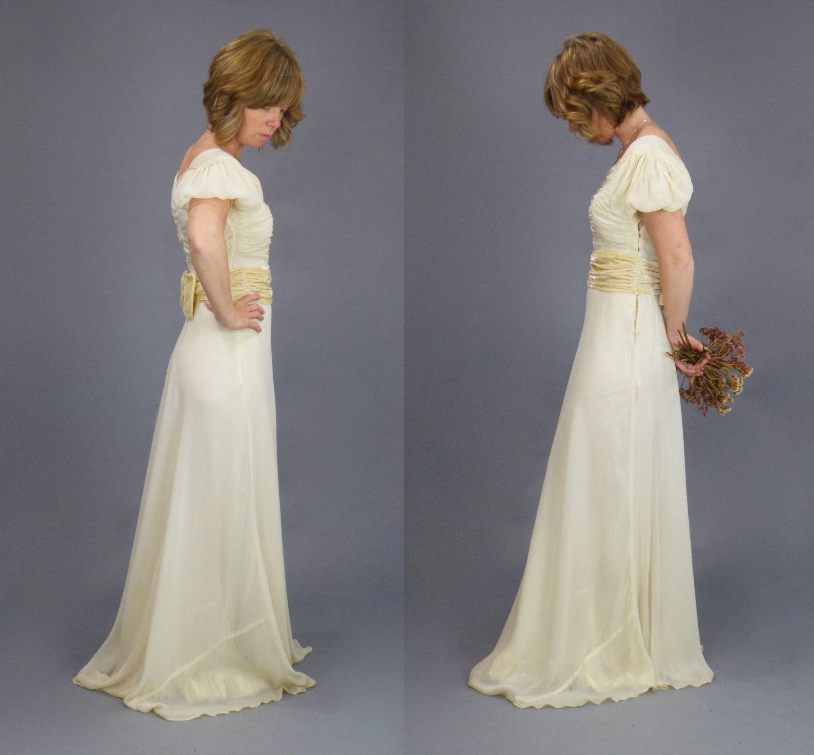 Vintage 1930s Puffed Sleeve Chiffon Gown, 30s Bias Cut Dress with Silk ...
