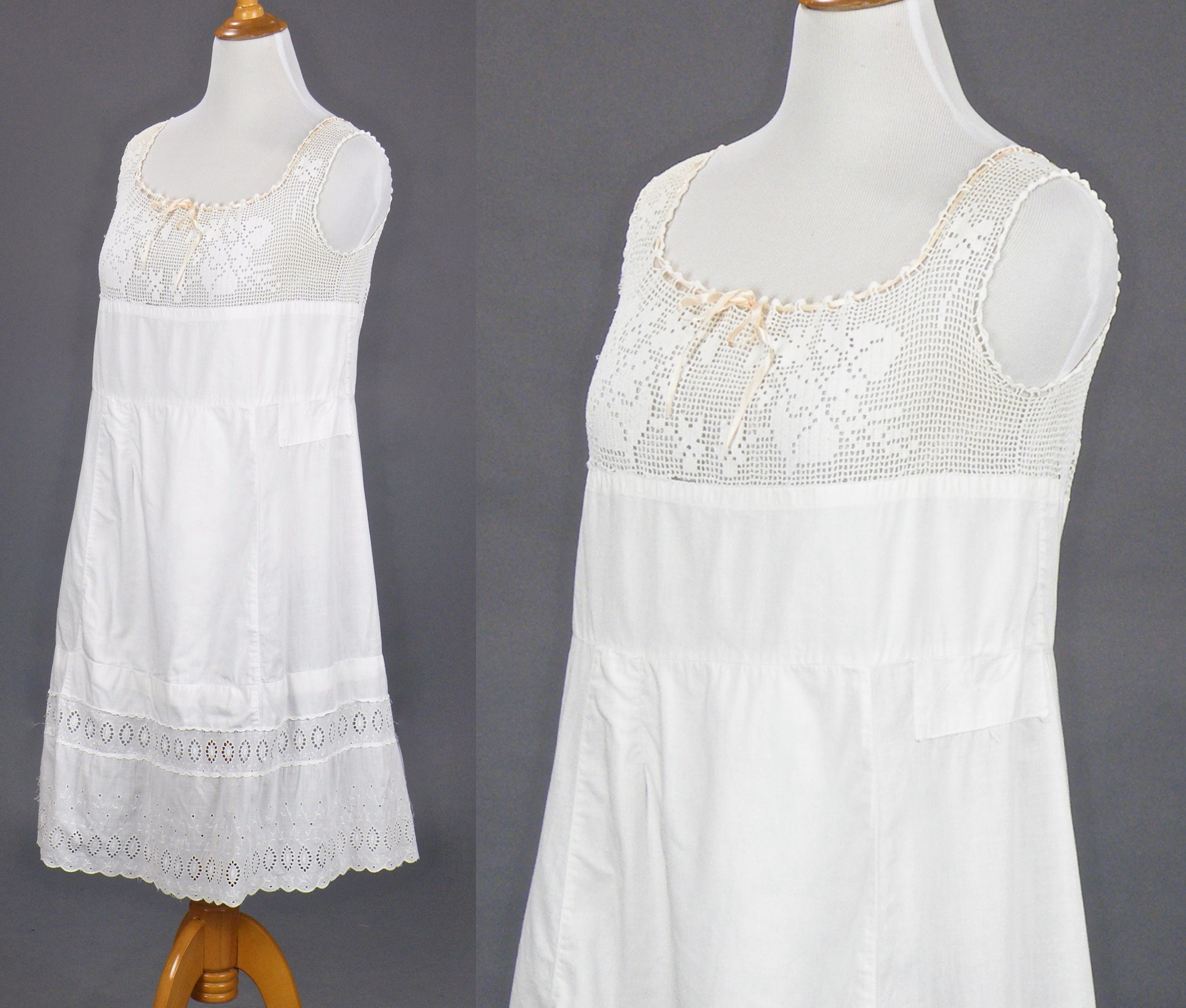 1910s Edwardian Filet Crochet Lace Cotton Eyelet Slip Dress, Antique
