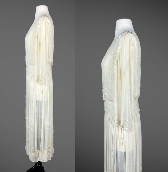 Vintage 1920s Beaded Ivory Chiffon Dress, 20s She… - image 4