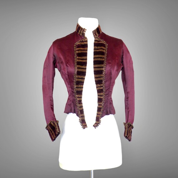 Victorian Beaded Burgundy Satin and Velvet Bodice Jacket, 1880s Bodice, XXS As-Found