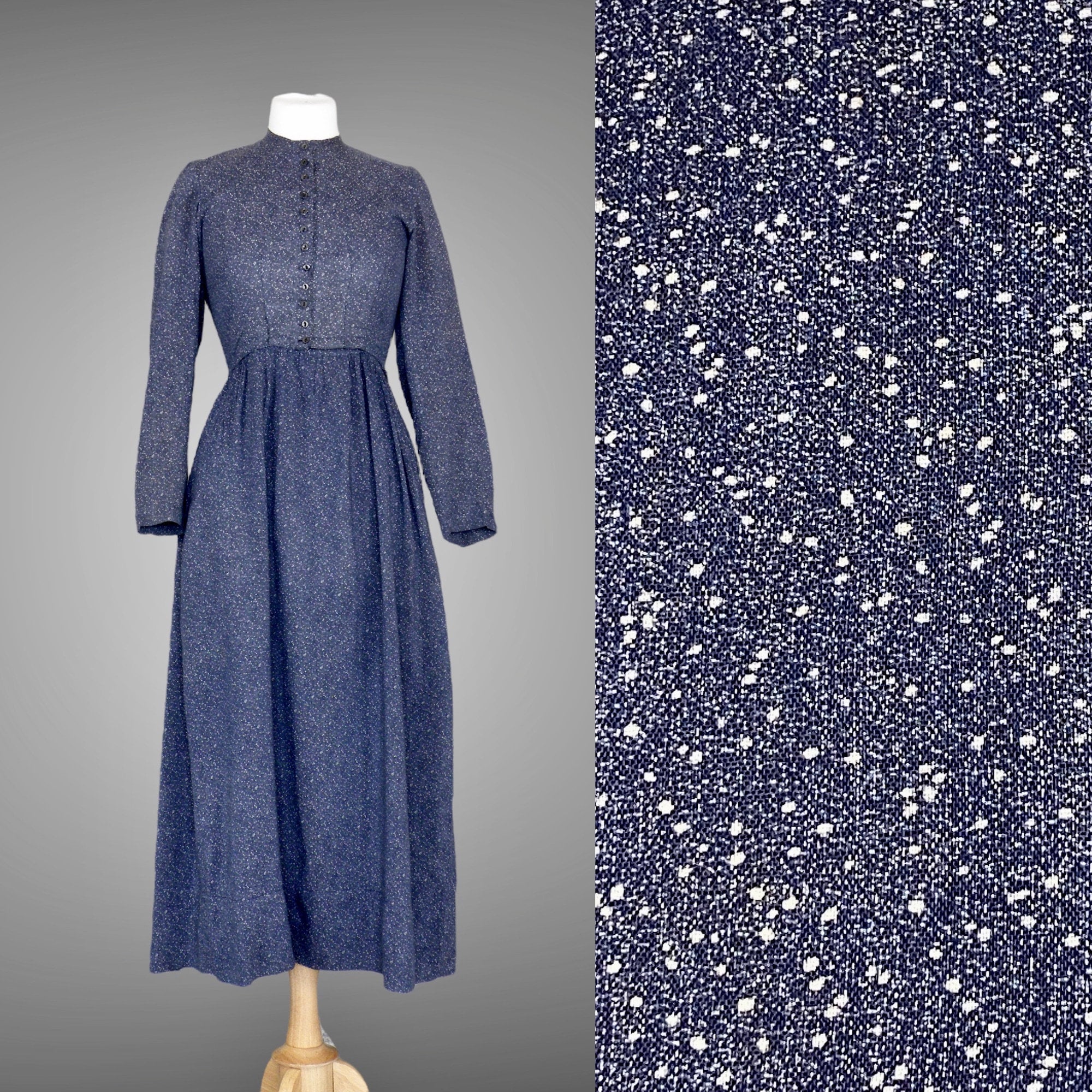 1900s Edwardian Indigo Calico Dress & Half Apron Set 1900s Edwardian Indigo Calico Dress & Half Apron Set