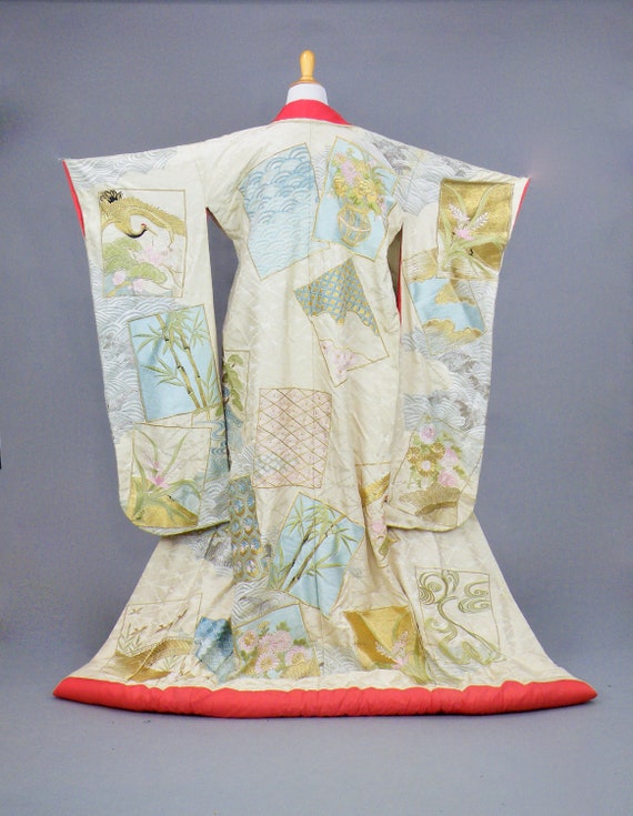 Vintage Japanese Uchikake Wedding Kimono with Metallic Gold Silver Embroidered Cranes and Pastel Flowers, 1930s Ceremonial Bridal Coat