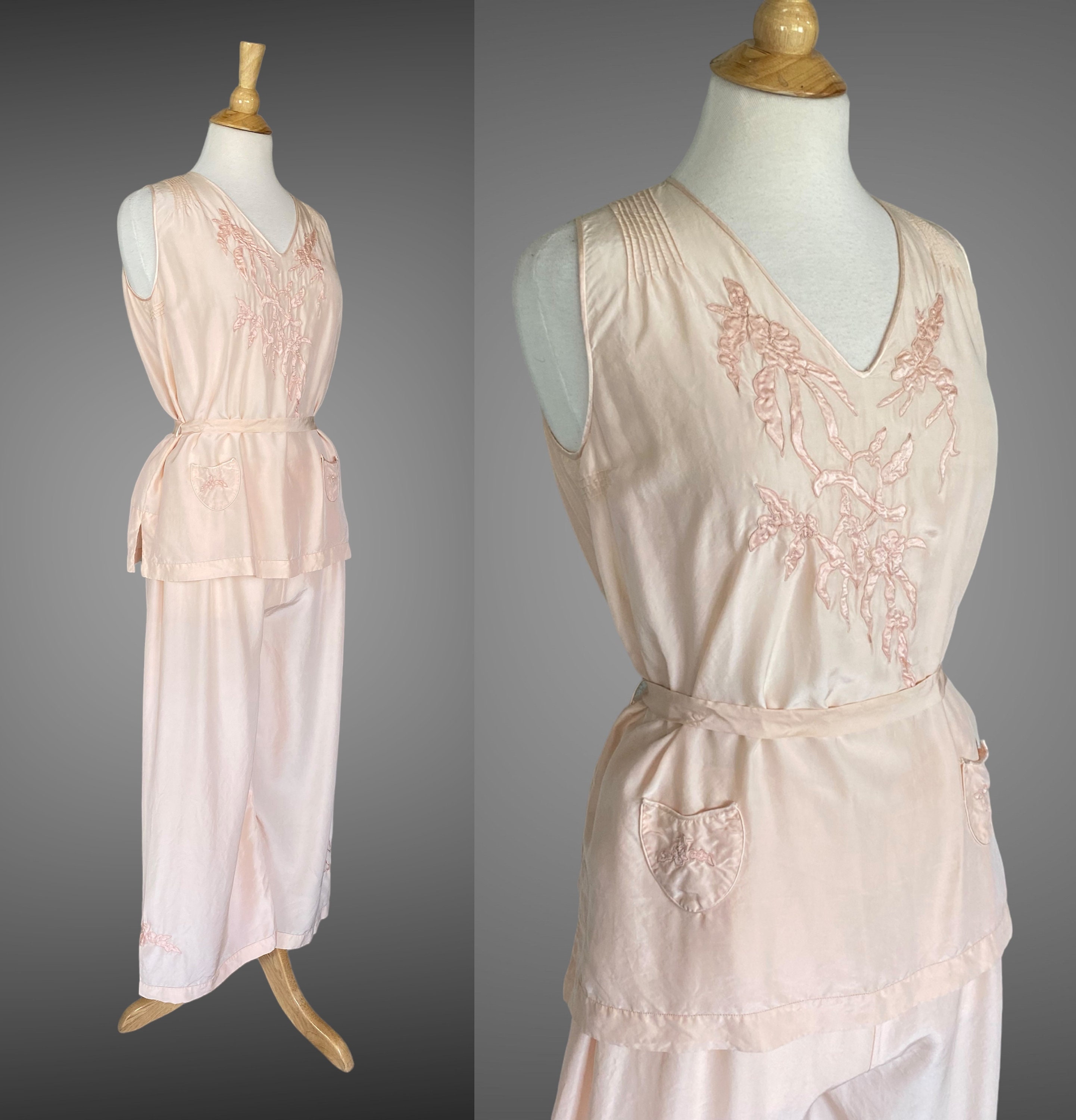 Vintage 1920s Beach Pajamas, 20s Wide Leg Pajama Pants & Top, Blush Pink Embroidered Silk Deco Loungewear Vintage 1920s Beach Pajamas, 20s Wide Leg Pajama Pants & Top, Blush Pink Embroidered Silk Deco Loungewear
