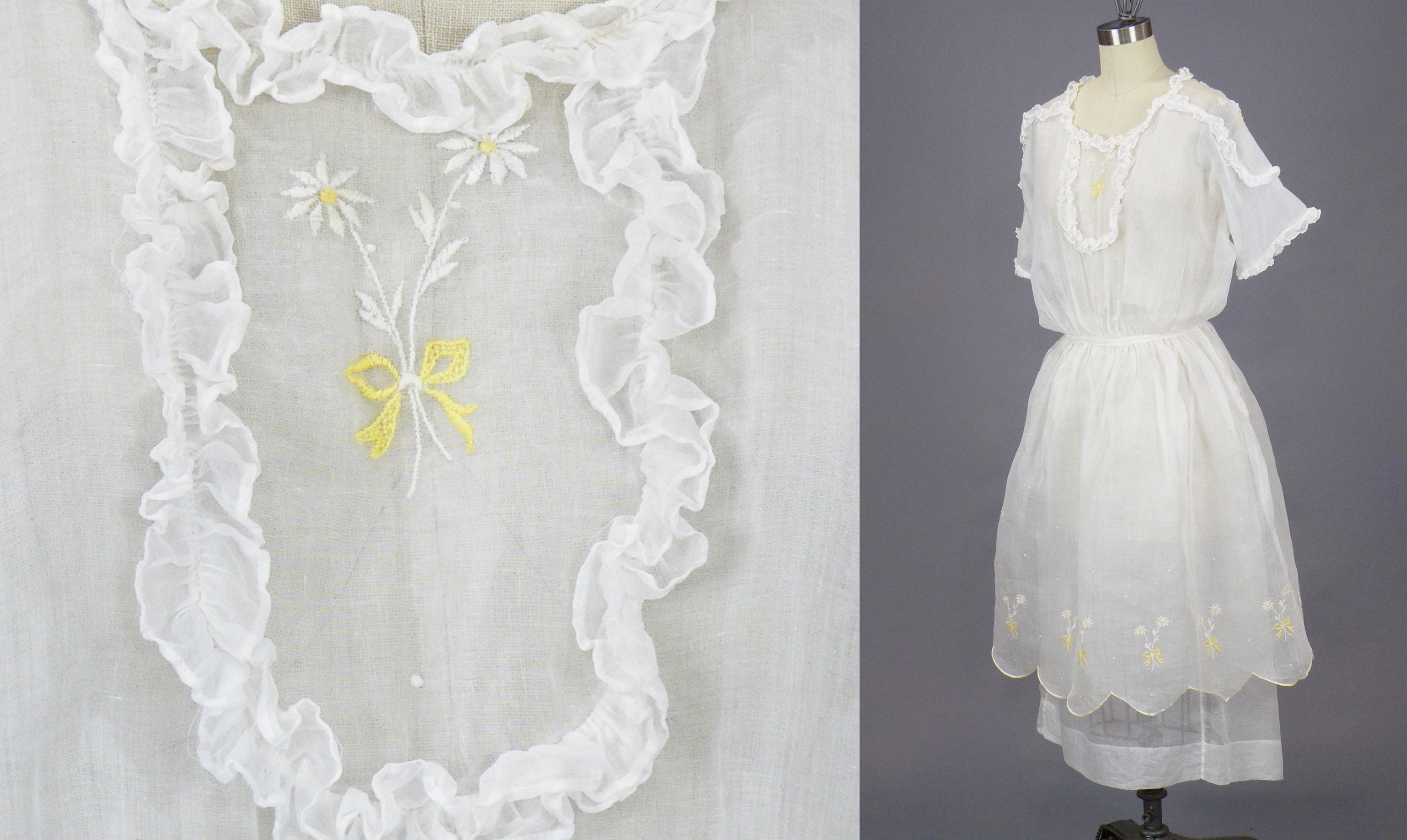 1910s Antique White Cotton Embroidered Organdy Edwardian Dress, 25 Waist